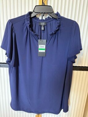 Jones New York Navy Ruffle Collar Flutter Sleeve Blouse